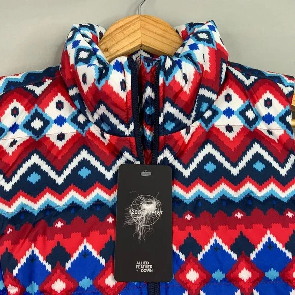 Lands End Women's Puffer Vest Size S/P 6-8 Red Blue White Patterned Down Fill - Picture 3 of 7